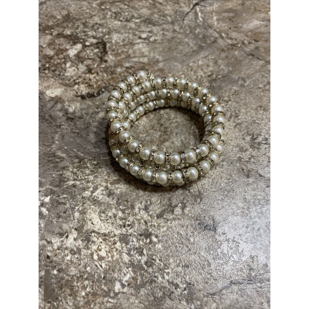 Vintage Faux Pearl And Rhinestone Wire Cuff Bracelet‎ Wedding Jewelry
